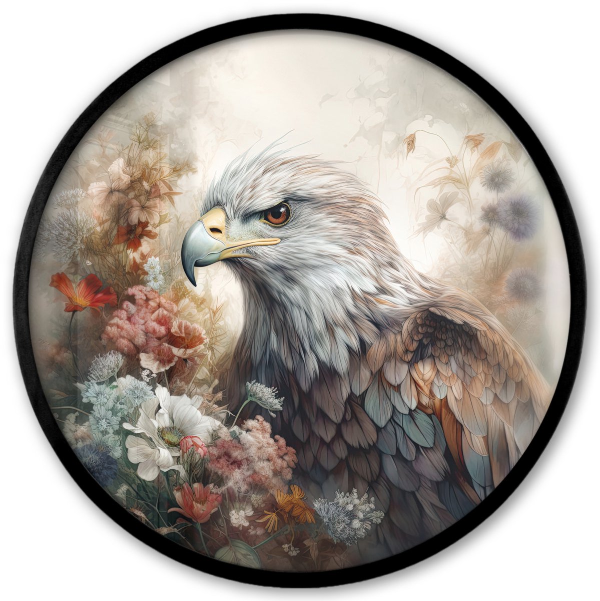 FrameYourWall Poster in lijst Rond - Fotolijst 40x40 cm - Posters - Arend - Adelaar - Vogel - Bloemen - Natuur - Ronde posterlijst zwart - Decoratie - Wanddecoratie woonkamer - Muurdecoratie slaapkamer Arend - Bloemen