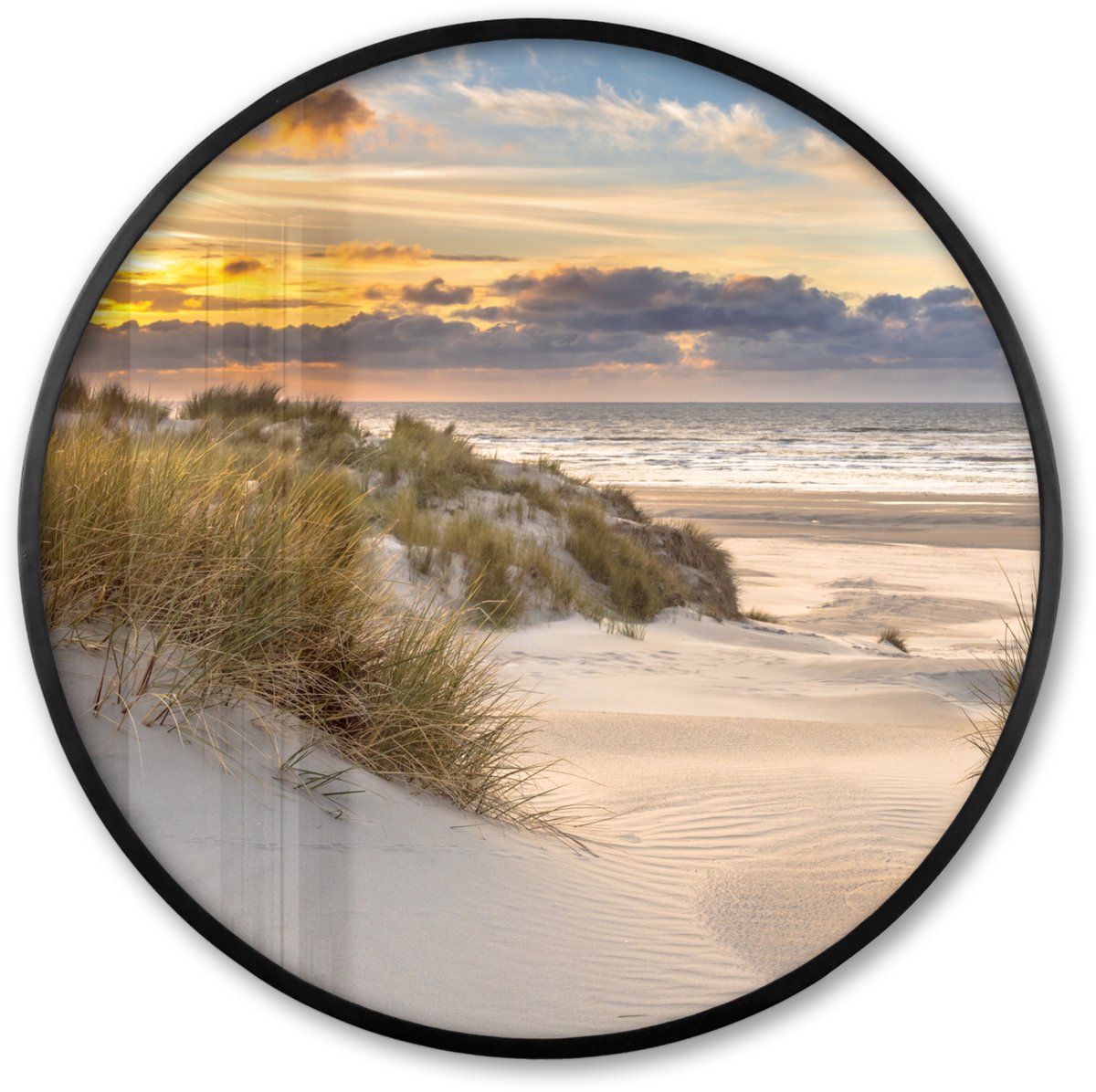FrameYourWall Poster in lijst Rond - Fotolijst 60x60 cm - Posters - Strand - Duin - Gras - Zonsondergang - Zee - Ronde posterlijst zwart - Decoratie - Wanddecoratie woonkamer - Muurdecoratie slaapkamer Duinen
