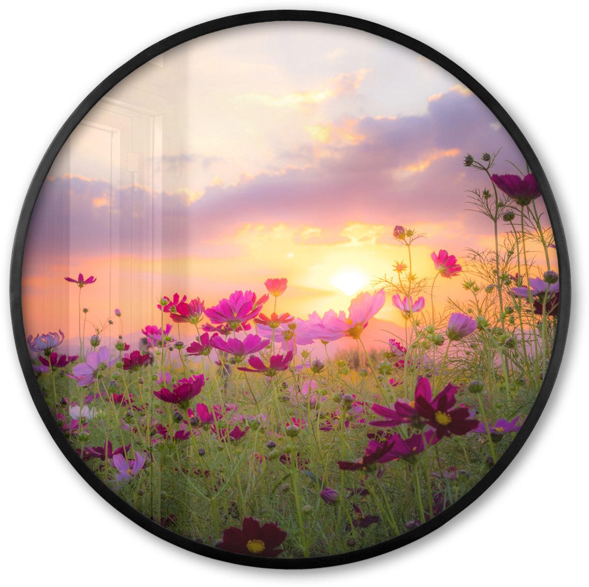 FrameYourWall Poster in lijst Rond - Fotolijst 80x80 cm - Posters - Bloemen - Roze - Zonsondergang - Natuur - Weide - Horizon - Ronde posterlijst zwart - Decoratie - Wanddecoratie woonkamer - Muurdecoratie slaapkamer