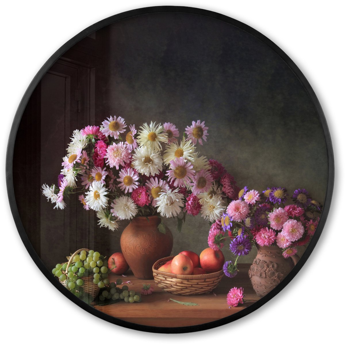 FrameYourWall Poster in lijst Rond - Fotolijst 60x60 cm - Posters - Bloemen - Fruit - Stilleven - Roze - Ronde posterlijst zwart - Decoratie - Wanddecoratie woonkamer - Muurdecoratie slaapkamer Multicolor
