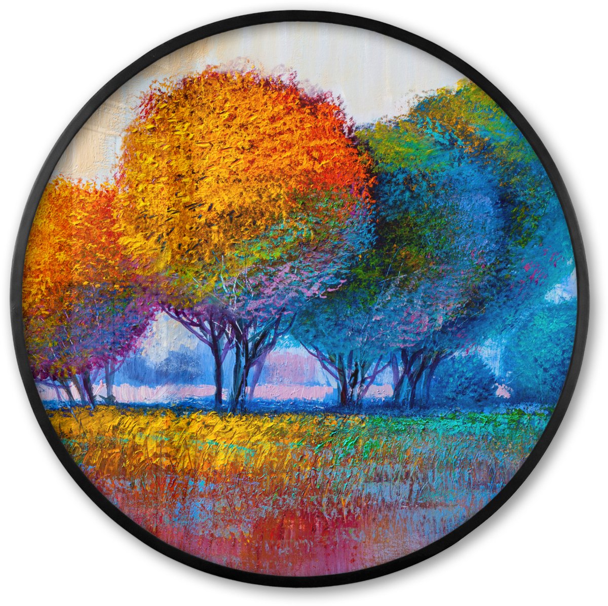 FrameYourWall Poster in lijst Rond - Fotolijst 60x60 cm - Posters - Schilderij - Olieverf - Natuur - Bomen - Ronde posterlijst zwart - Decoratie - Wanddecoratie woonkamer - Muurdecoratie slaapkamer Multicolor