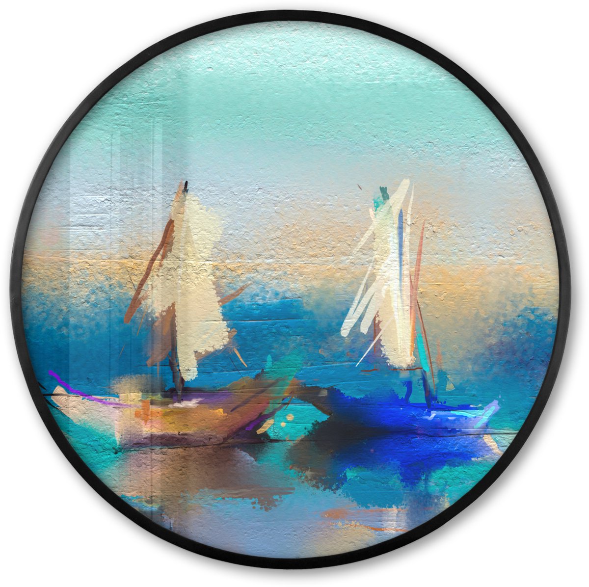 FrameYourWall Poster in lijst Rond - Fotolijst 80x80 cm - Posters - Schilderij - Olieverf - Boot - Abstract - Ronde posterlijst zwart - Decoratie - Wanddecoratie woonkamer - Muurdecoratie slaapkamer Multicolor