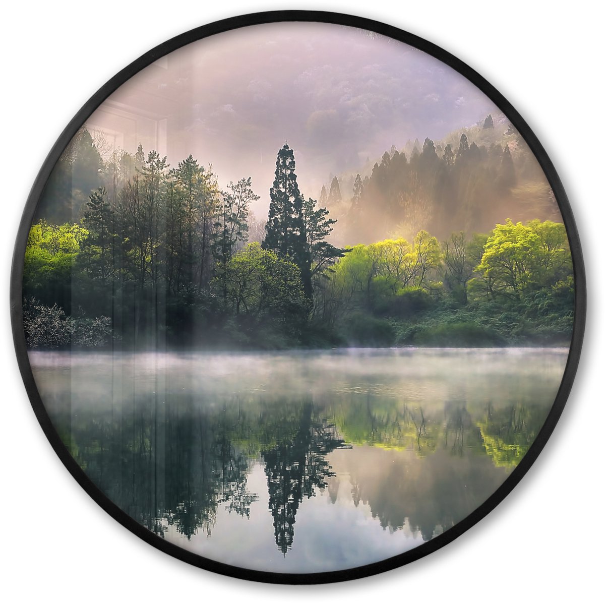 FrameYourWall Poster in lijst Rond - Fotolijst 80x80 cm - Posters - Natuur - Bomen - Bergen - Meer - Water - Ronde posterlijst zwart - Decoratie - Wanddecoratie woonkamer - Muurdecoratie slaapkamer Natuur - Bos