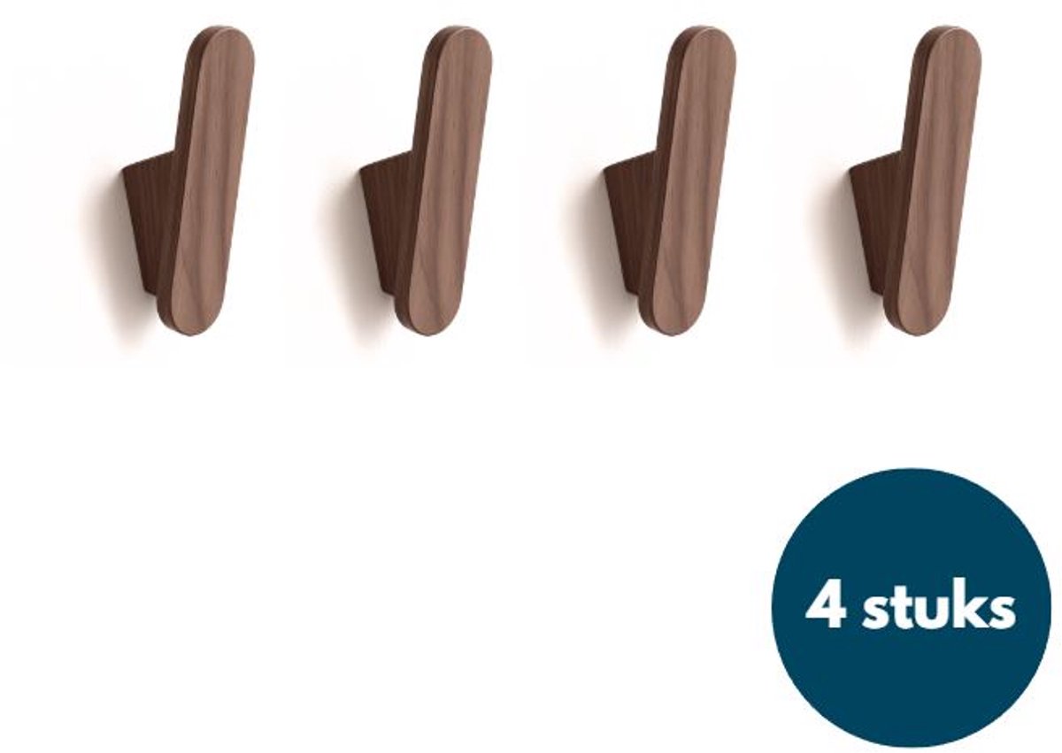 Houten Wandhaken - Retro kapstokhaken - Ophanghaken - Handdoekhaken - Jashaken - 4 stuks - Walnoot licht