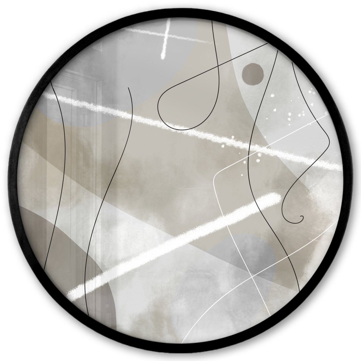 FrameYourWall Poster in lijst Rond - Fotolijst 40x40 cm - Posters - Line art - Grijs - Abstract - Ronde posterlijst zwart - Decoratie - Wanddecoratie woonkamer - Muurdecoratie slaapkamer Abstract - Grijs