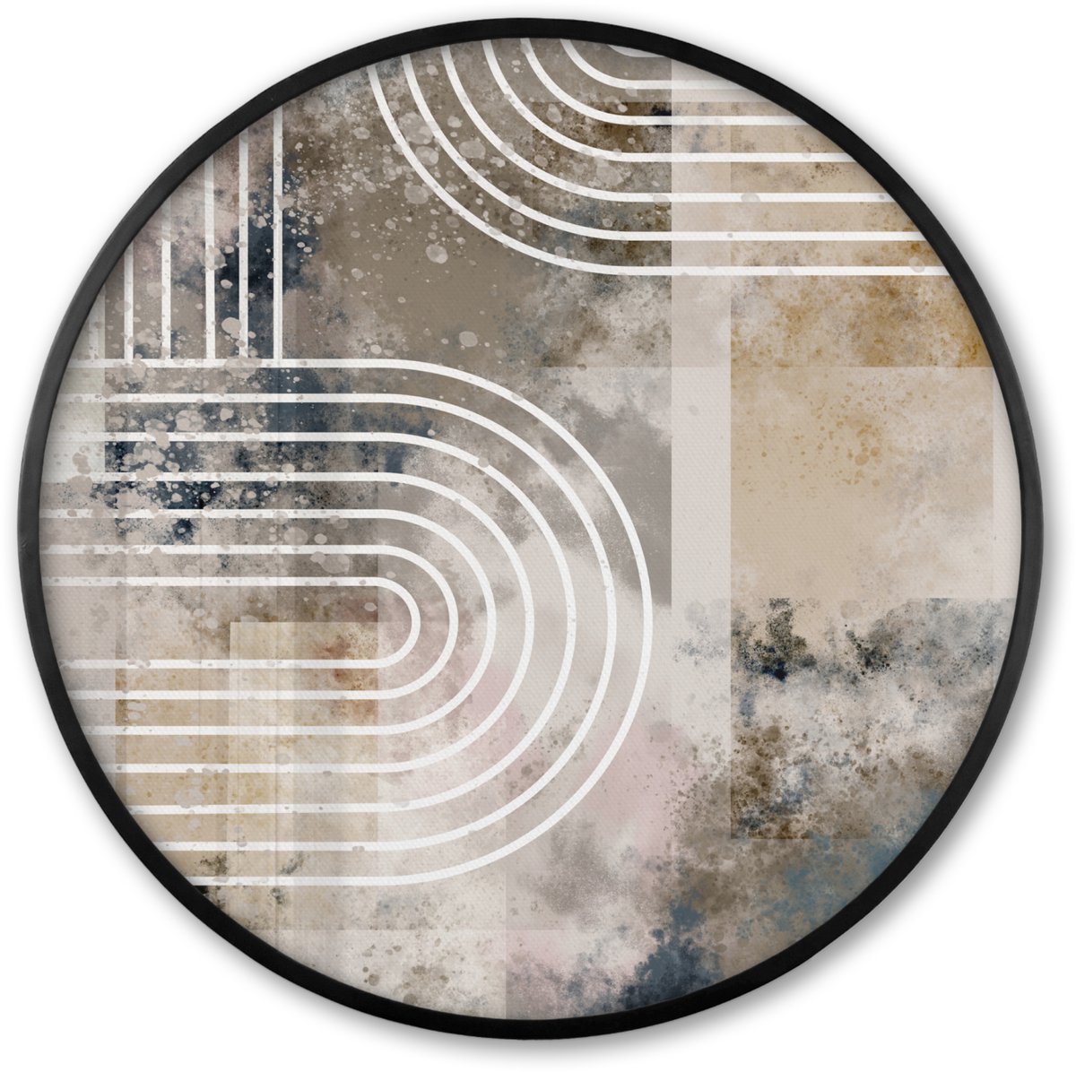 FrameYourWall Poster in lijst Rond - Fotolijst 60x60 cm - Posters - Abstract - Kunst - Lijnen - Wit - Blauw - Beige - Ronde posterlijst zwart - Decoratie - Wanddecoratie woonkamer - Muurdecoratie slaapkamer