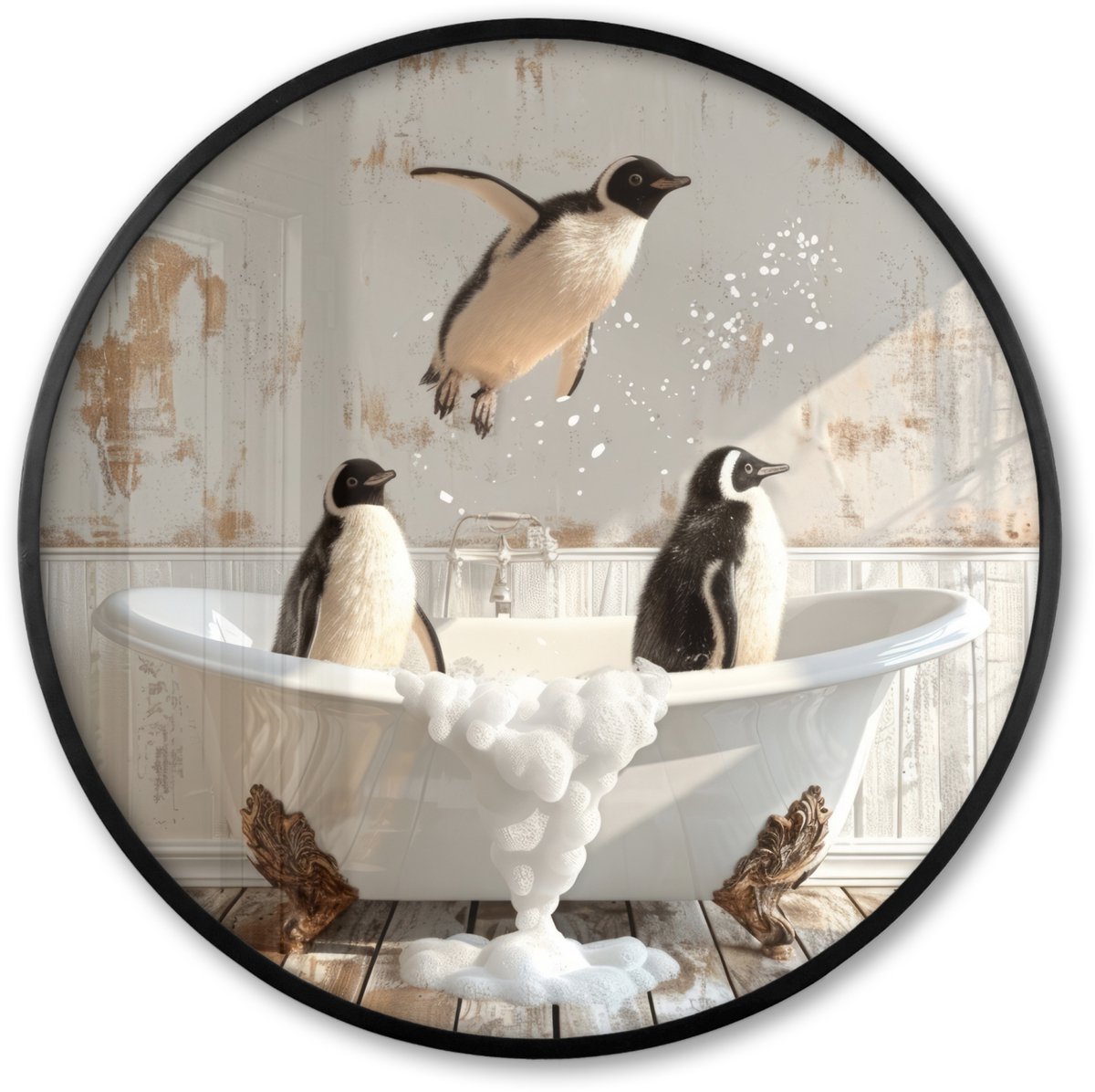 FrameYourWall Poster in lijst Rond - Fotolijst 60x60 cm - Posters - Vintage - Pinguïn - Badkuip - Schuim - Ronde posterlijst zwart - Decoratie - Wanddecoratie woonkamer - Muurdecoratie slaapkamer Pinguïns - Badkuip