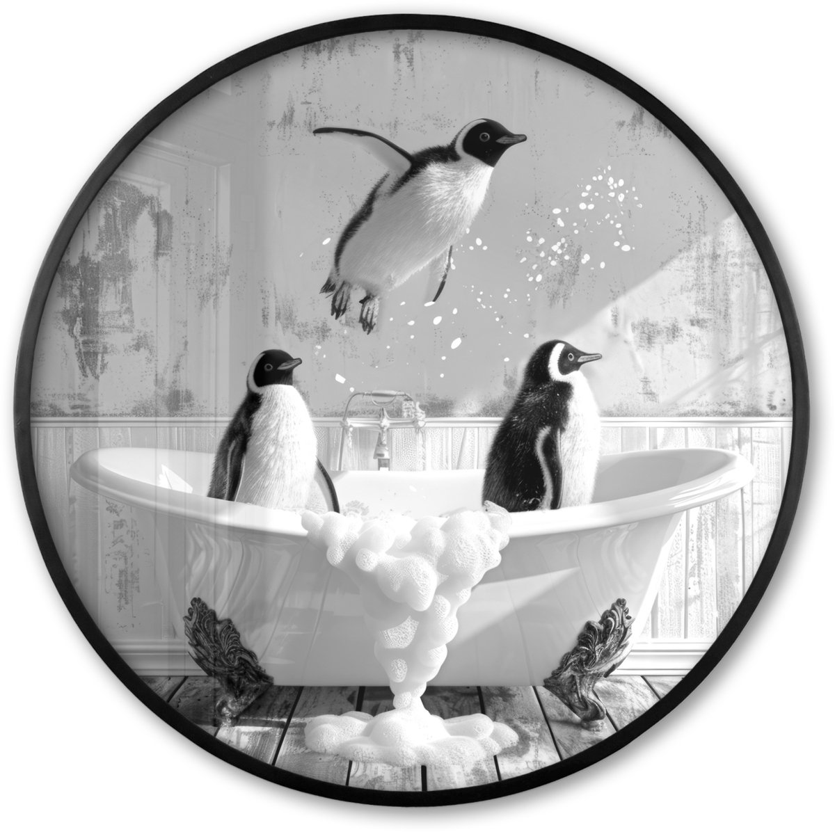 FrameYourWall Poster in lijst Rond - Fotolijst 60x60 cm - Posters - Pinguïns - Vintage - Dieren - Zwart - Wit - Ronde posterlijst zwart - Decoratie - Wanddecoratie woonkamer - Muurdecoratie slaapkamer Pinguïns - Badkuip