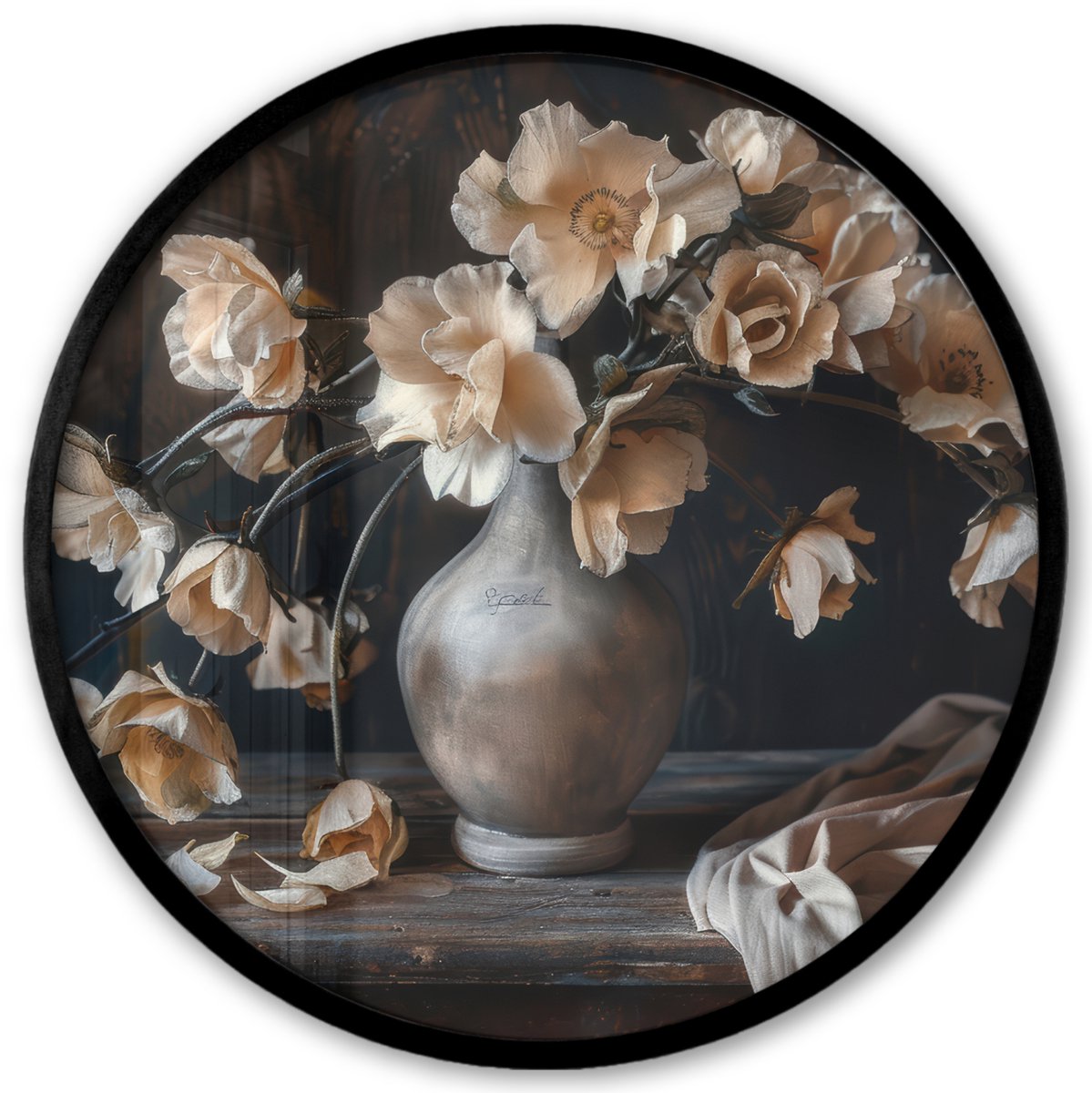 FrameYourWall Poster in lijst Rond - Fotolijst 40x40 cm - Posters - Bloemen - Vaas - Kunst - Stilleven - Ronde posterlijst zwart - Decoratie - Wanddecoratie woonkamer - Muurdecoratie slaapkamer