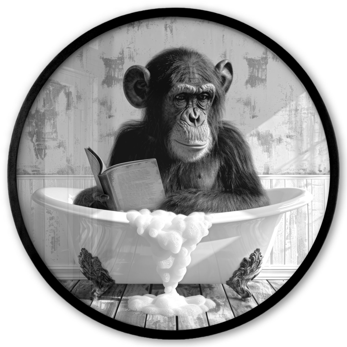 FrameYourWall Poster in lijst Rond - Fotolijst 40x40 cm - Posters - Vintage - Aap - Badkuip - Schuim - Dier - Ronde posterlijst zwart - Decoratie - Wanddecoratie woonkamer - Muurdecoratie slaapkamer