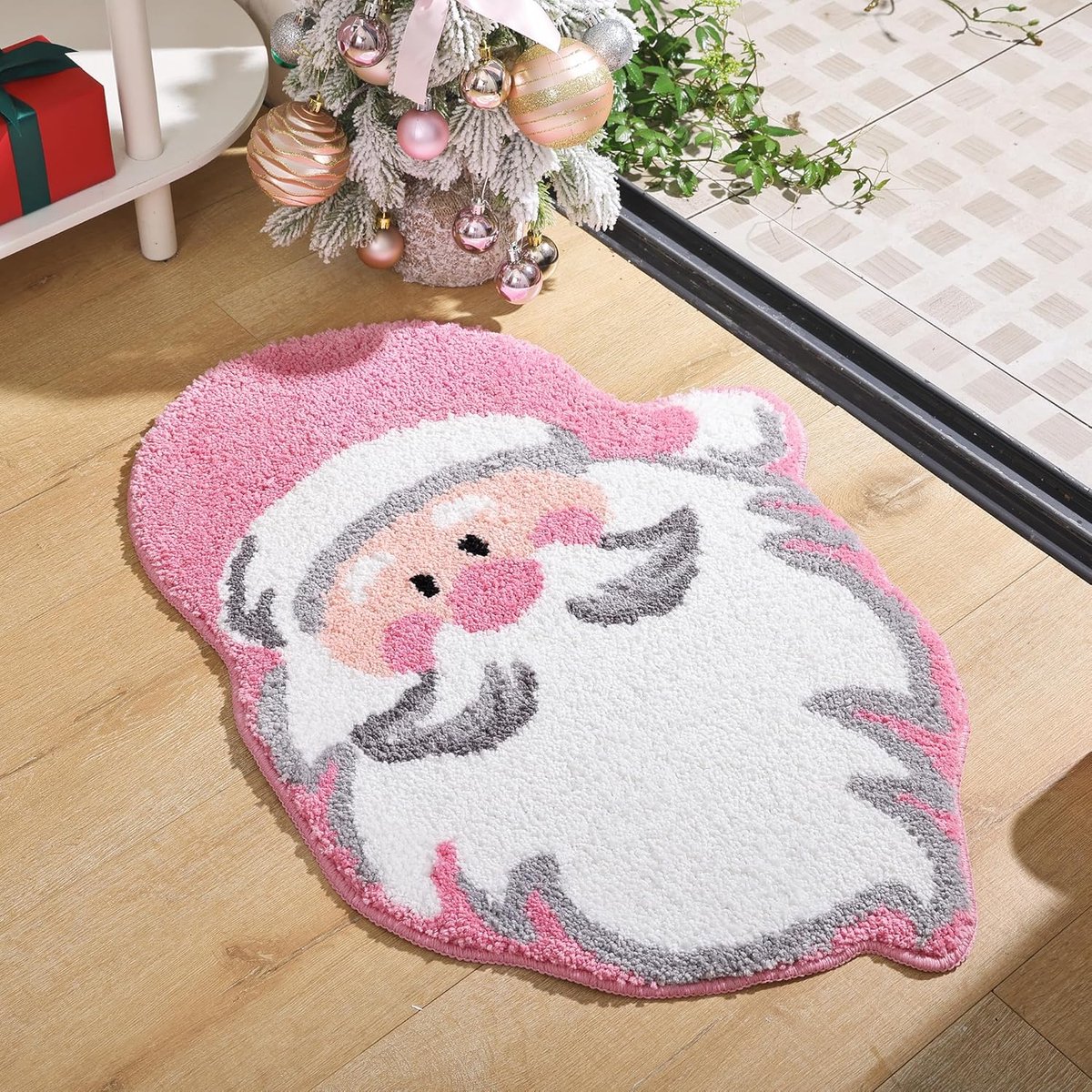 Kerstboom Vloerkleed - Antislip imitatie kasjmier tapijt - Woondecoratie Slaapkamer - Zachte Wasbare en Antislip Mat - voor Woonkamer Eetkamer Slaapkamer & Badkamer - Kerstdecoratie （ Roze Hoed Kerstman 40*60cm ）