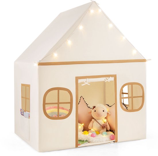 COSTWAY Speelhuis voor kinderen, indoor, kindertent met sterrenlichten en gevoerde mat, speeltent met deurgordijn en ramen, kinderspeelhuis voor jongens en meisjes vanaf 3 jaar (beige + zwart)