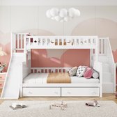 Kinderstapelbed 90x200cm Met Glijbaan, Spijlenhekje En Trapje, Wit En Hout Zonder Matras
