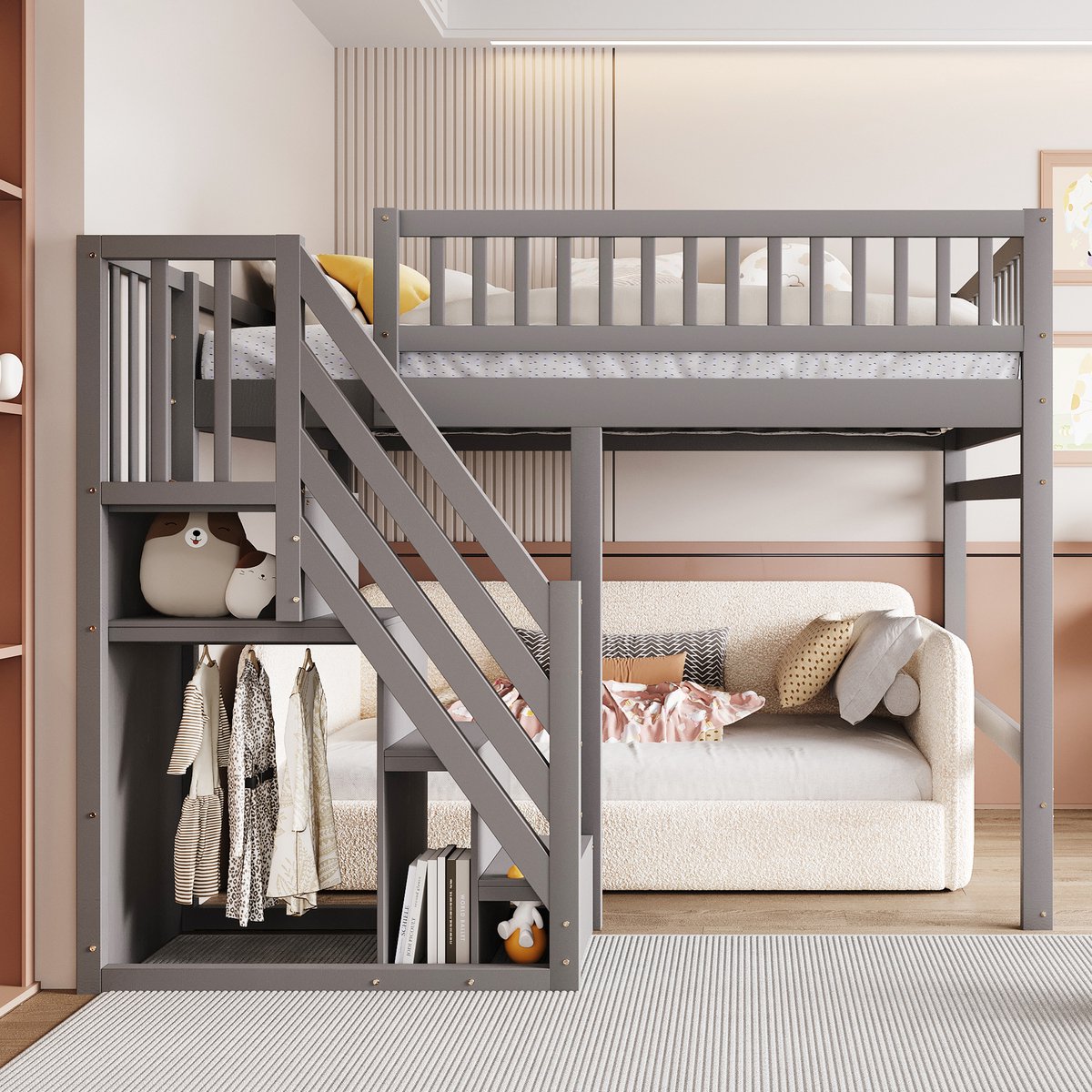Stapelbed 140x200 cm - met trap met opbergkast - hoge reling - kinderbed - grijs - zonder matras