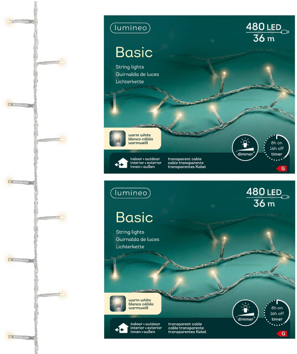 Lumineo Kerstverlichting - 2x - 480 leds -warm wit -3600 cm - transparent cable - timer en dimmer