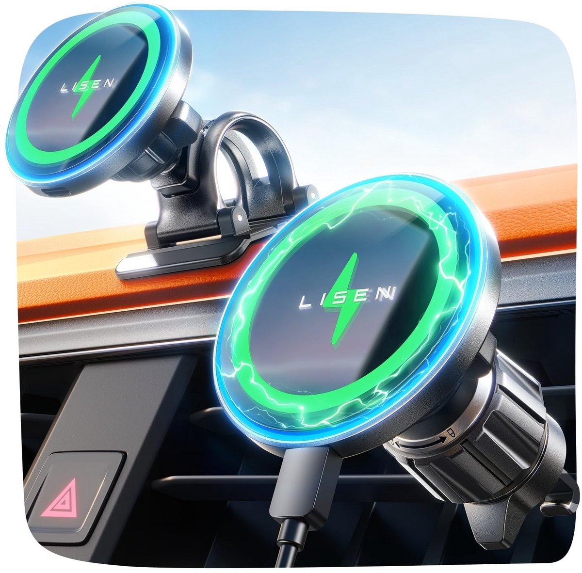 Nieuwe Lisen 15W 2 in 1 MagSafe Magnetische Draadloze Autolader – Sterke Magneet, Snelladen, Stabiele Telefoonhouder voor iPhone 16 / 17 Pro Max / Samsung – Dashboard & Ventilatierooster – Draaibare Mount – 4.7-7 inch Smartphones 2026 Kerstcadeau