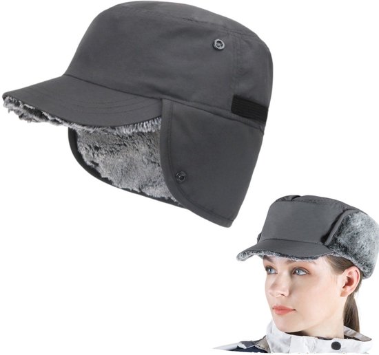 Bonnet de ski cache-oreilles d'hiver - Bonnet Lei Feng - casquette chaude avec visière - gris - convient aux têtes de 50-60 cm - résistant au froid et au vent - tissu en nylon - bonnet de ski cache-oreilles - chapeau d'école militaire doublé polaire