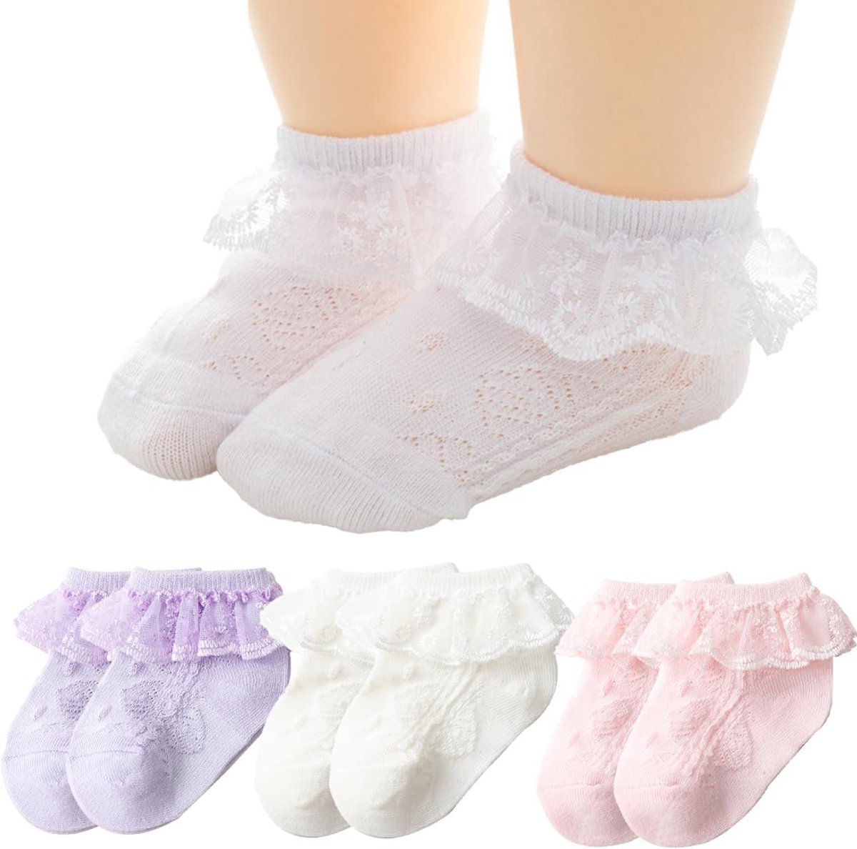 Ruffle Sokken voor Meisjes - Ruffle Lace Sokken voor Prinses - Lacy Ruffle Sokken voor Pasgeborenen en Peuters - 3 Pairs