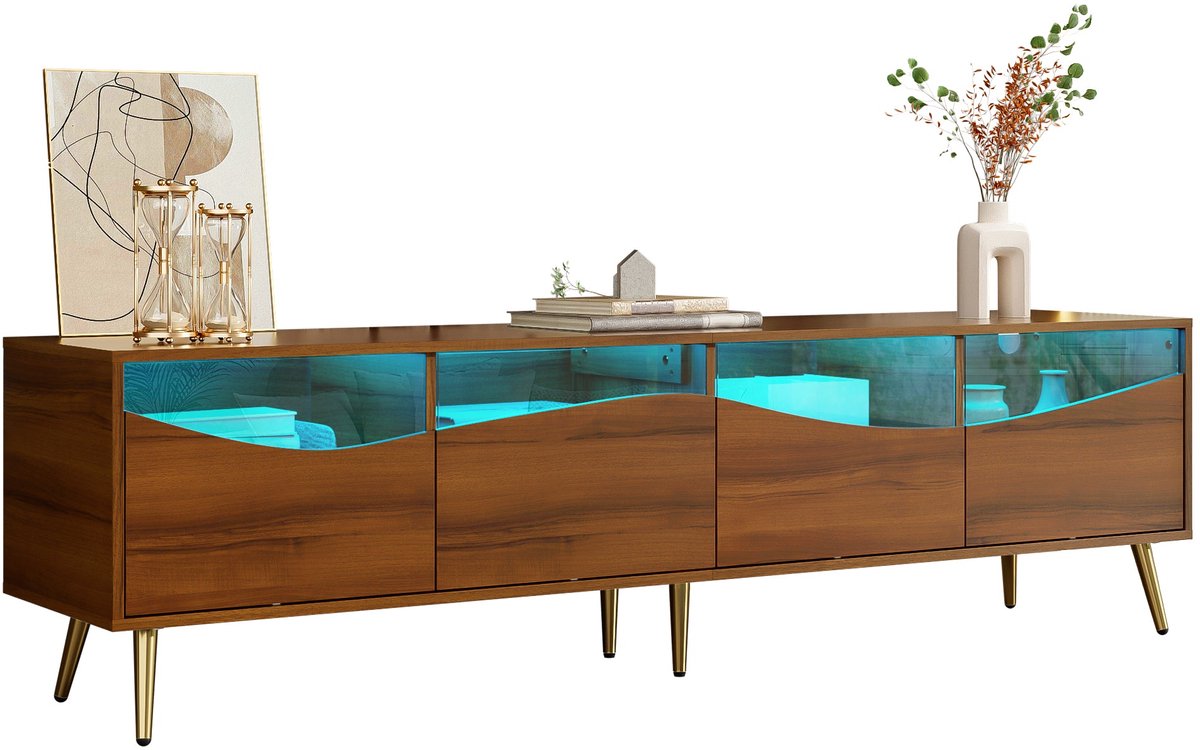 Merax TV-Meubel 180 x 40 x 50 cm – Modern Lowboard in Houtkleur met Glasfront - LED Verlichting en Gouden Poten – TV-Kast met Ruime Opbergruimte voor Woonkamer