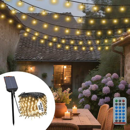 Guirlande lumineuse solaire LED de 50 m, 500 LED blanc chaud, extérieur, avec télécommande, 13 modes, minuterie et fonction mémoire, étanche IP44, guirlande lumineuse solaire de Noël pour jardin, mariage, Noël