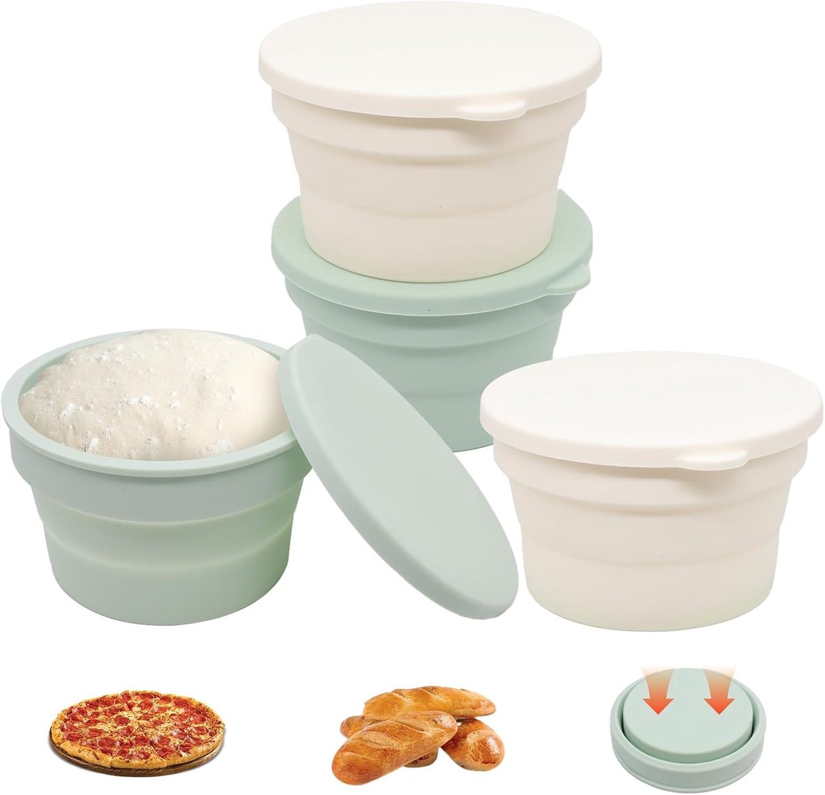 Allecta - Herbruikbare siliconen bakjes voor pizzadeeg, set van 4 stuks met antiaanbaklaag. Opvouwbaar en stapelbaar.
