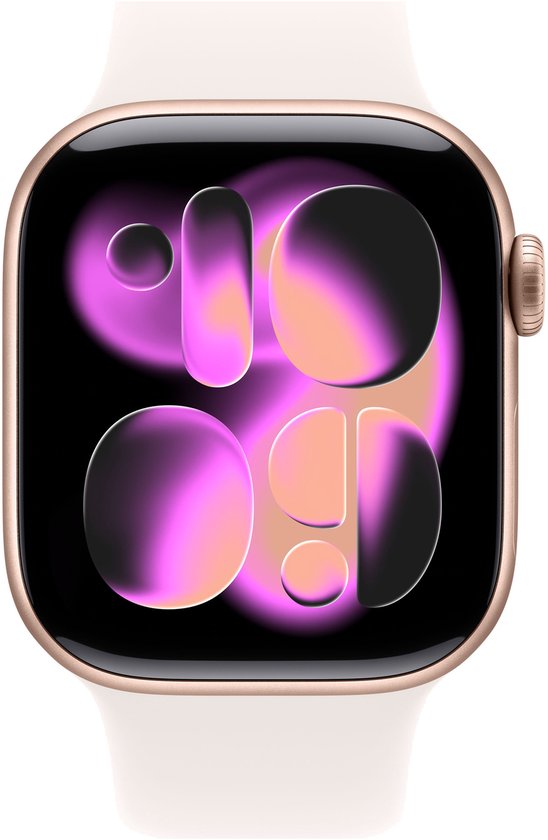 Gouden Apple Watch met abstracte wijzerplaat in roze en oranje tinten.