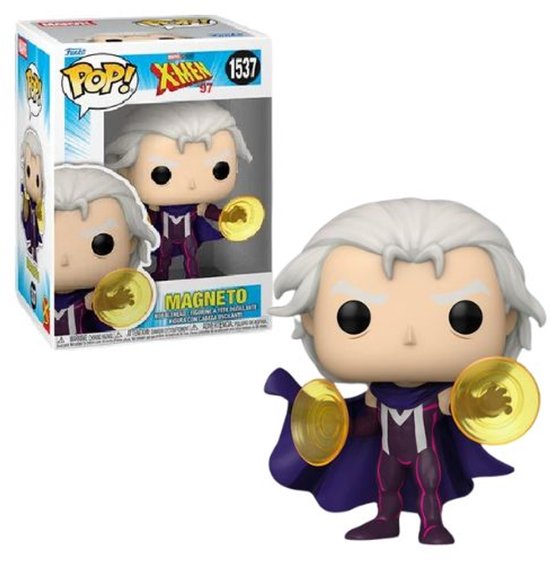 Funko Pop! figuur van Magneto in paars pak met een M op de borst, paarse cape en gele magnetische schijven in handen.