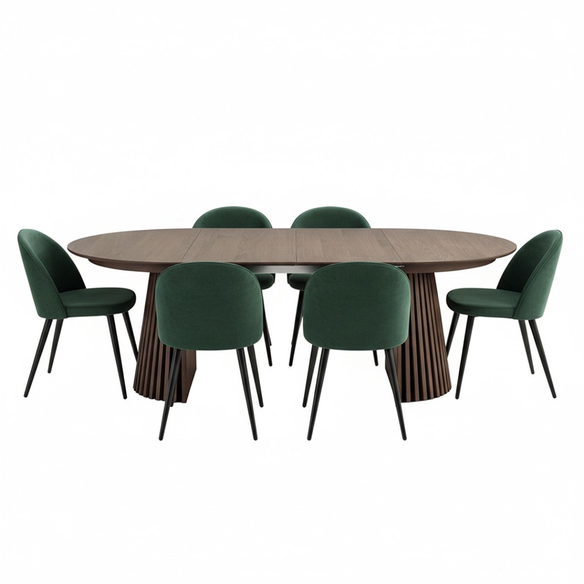 Tokyo eethoek eettafel smoked, 6 stoelen met groene velours bekleding.
