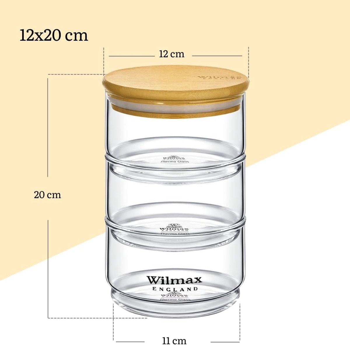 Wilmax Thermo Glass - Voorraadpot 3-Laags met Bamboe Deksel - 1200 ml - Glas 12 x 20 cm