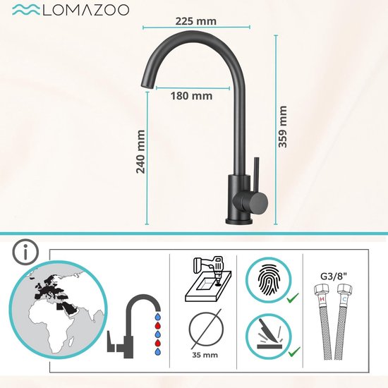 LOMAZOO Kitchen Faucet Cedric - Mitigeur - Robinet Cuisine - Noir Gun Métal / Zwart Anthracite