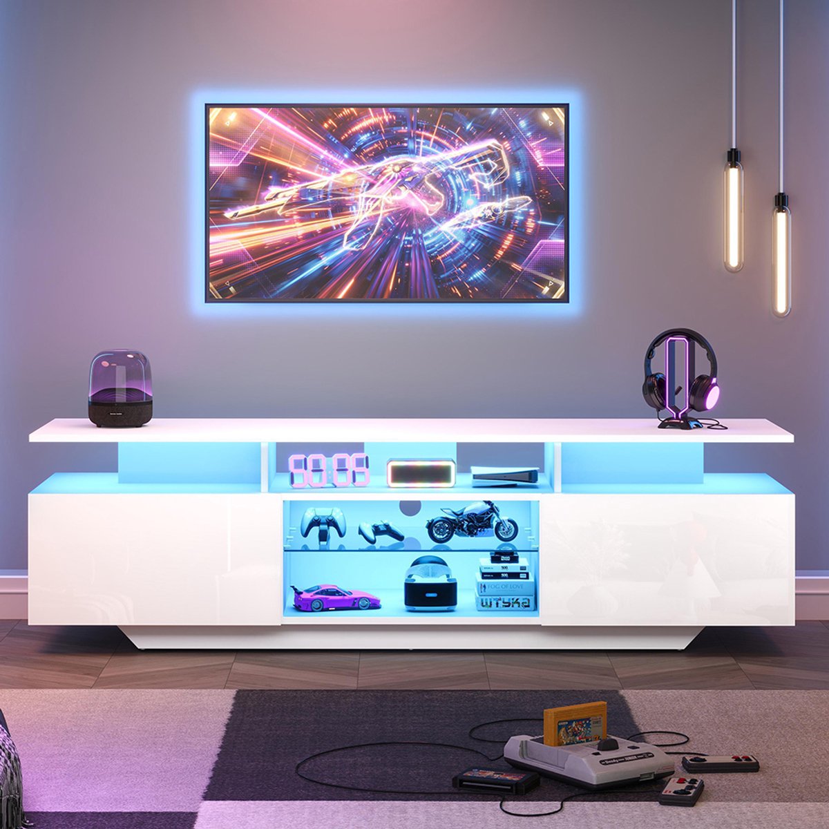 Pugsdrly TV-meubel 160*40*45 cm, TV-meubel met 2 kasten, woonkamermeubel, glanzend TV-meubel met LED-lichtstrip, modern TV-meubel met 8 planken, MDF, 70 inch tv Wit