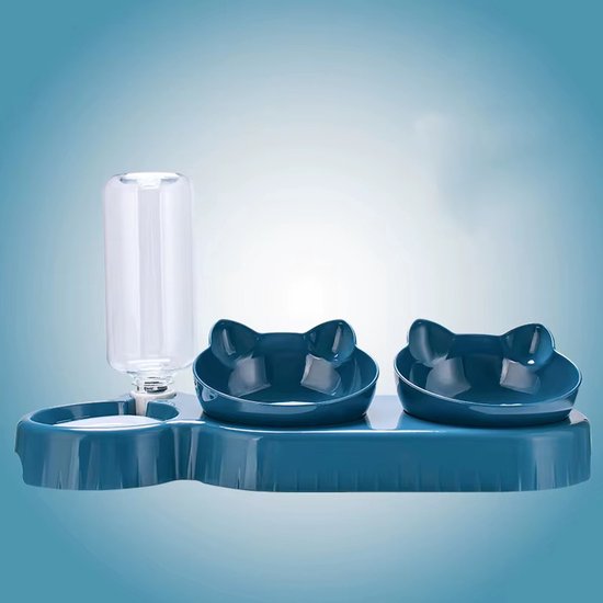 3-in-1 Huisdier Dubbele Voerbak Drinkbak - Katten - Poezen - Voeder- & Watersysteem – Blauw + Automatische Waterdispenser