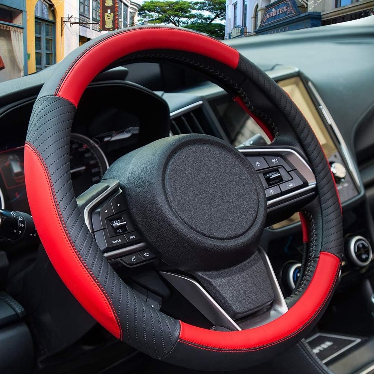 Stuurhoes voor auto - lederen stuurhoes, microvezel stuurhoes universele maat 37-38 cm, zacht, antislip, ademend, rood – foto 2