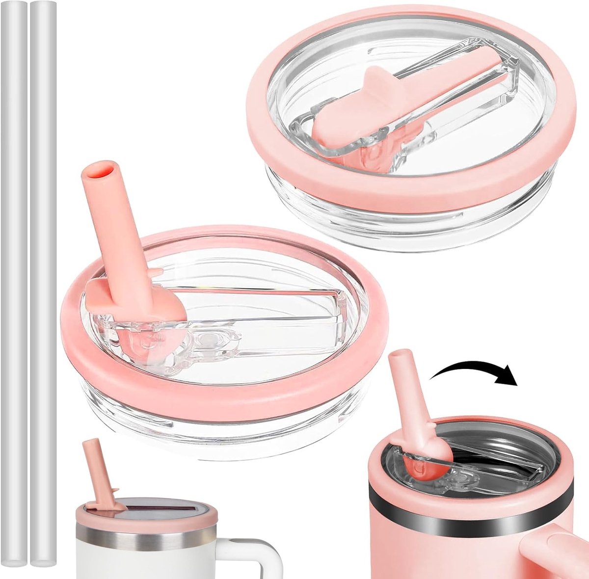 2 stuks - Vervangende deksel van 40 oz voor Stanley Quencher Tumbler - 40 oz Tumbler Flip Lids met rietje als vervanging voor Stanley Cup - herbruikbaar - morsbestendig, spatwaterdicht (roze)