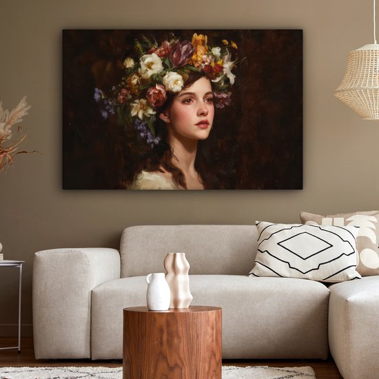 Tableau sur toile 120x80 cm - Décoration murale exclusive - Portrait - Femme - Fleurs - Décoration murale salon - Décoration chambre - Accessoires de décoration - Peintures sur toile