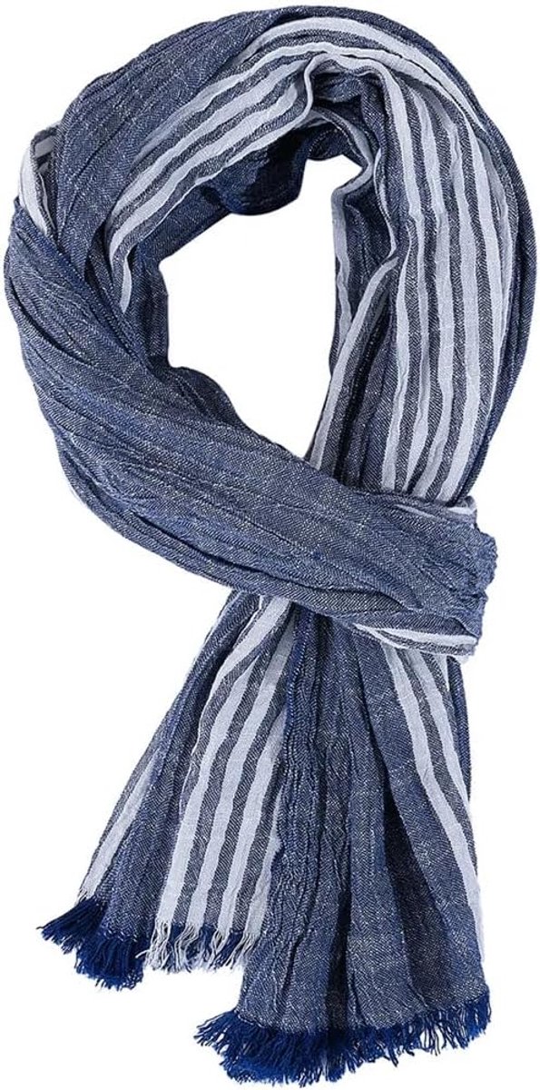 Gestreepte katoenen en linnen herensjaal, warme sjaal met kwastjes (marineblauw)