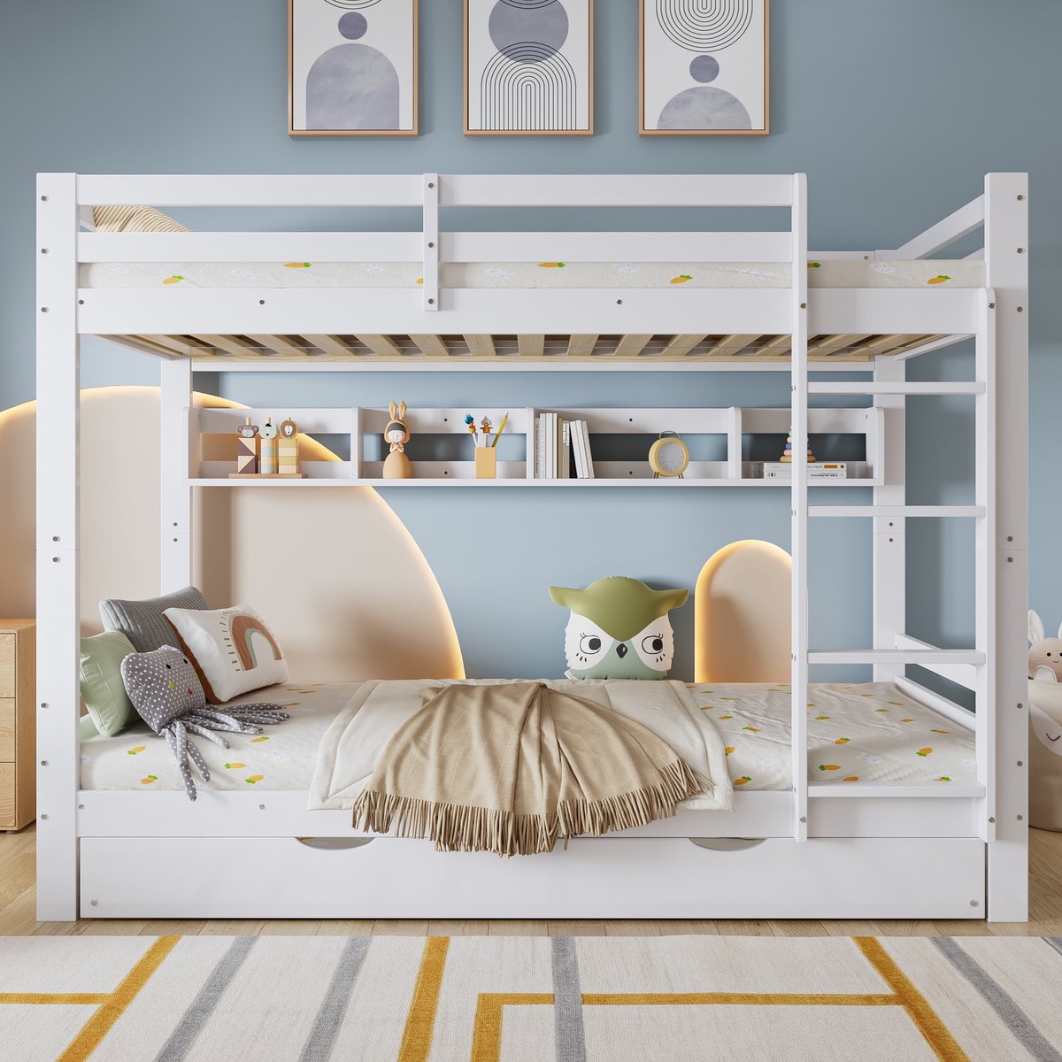 PHOEBE CAT Stapelbed - 90x200cm - Kinderbed - Met uitschuifbaar bed - Boekenplank - Grenenhout + MDF - Wit