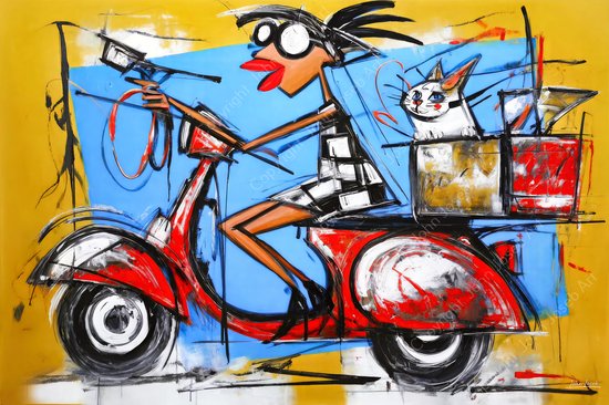 JJ-Art (Canvas) 60x40 | Vrouw op scooter met poes / kat, abstract, Herman Brood stijl, gek, grappig, humor, dier, mens, kunst, bruin, rood, blauw, modern | Foto-Schilderij canvas print (wanddecoratie)