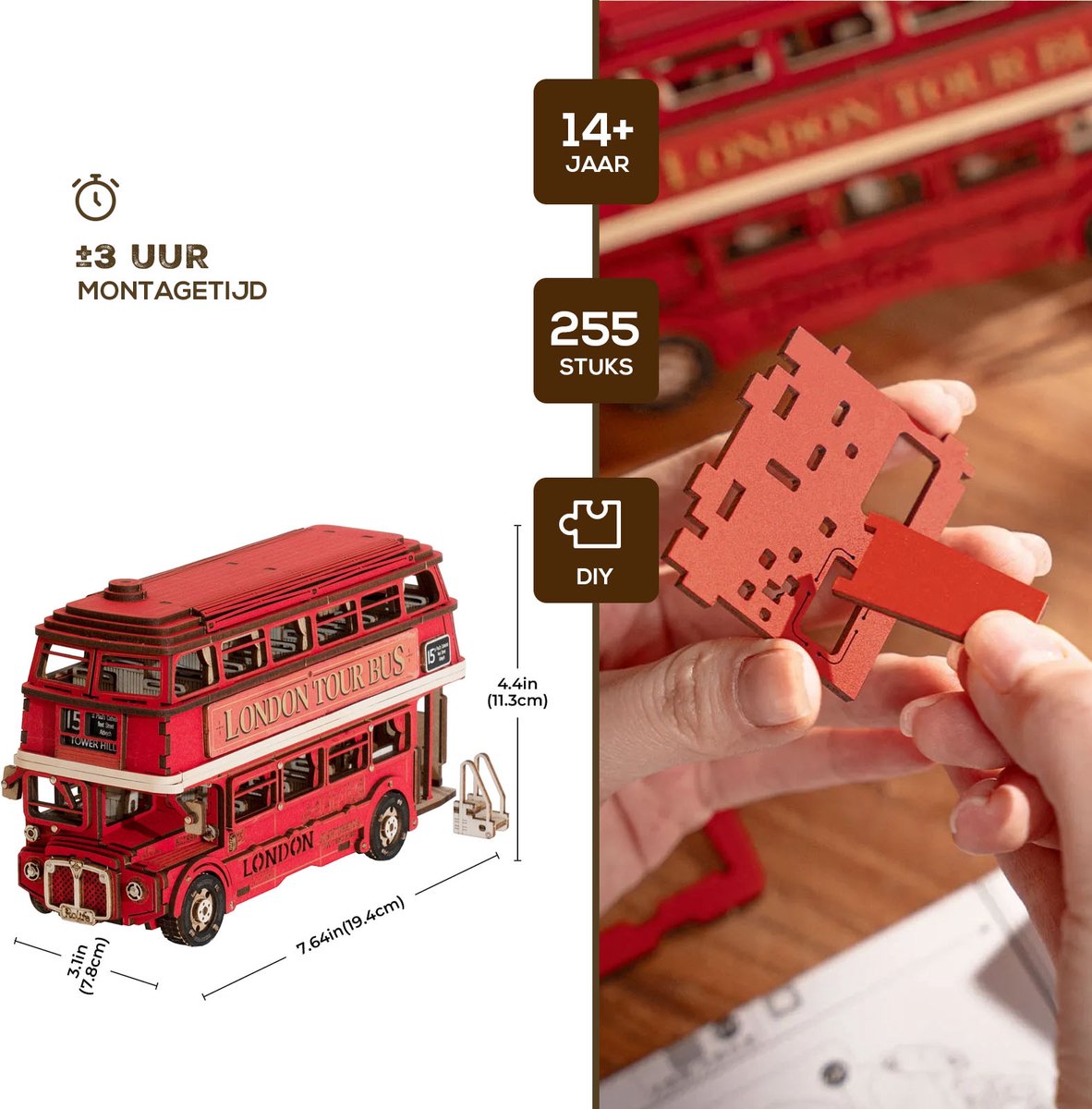 Robotime Rolife London Tour Bus TGM02 - Knutselen - Londen bus - DIY - Houten bouwpakket - Volwassenen - Creatief - Voertuigen — afbeelding 9