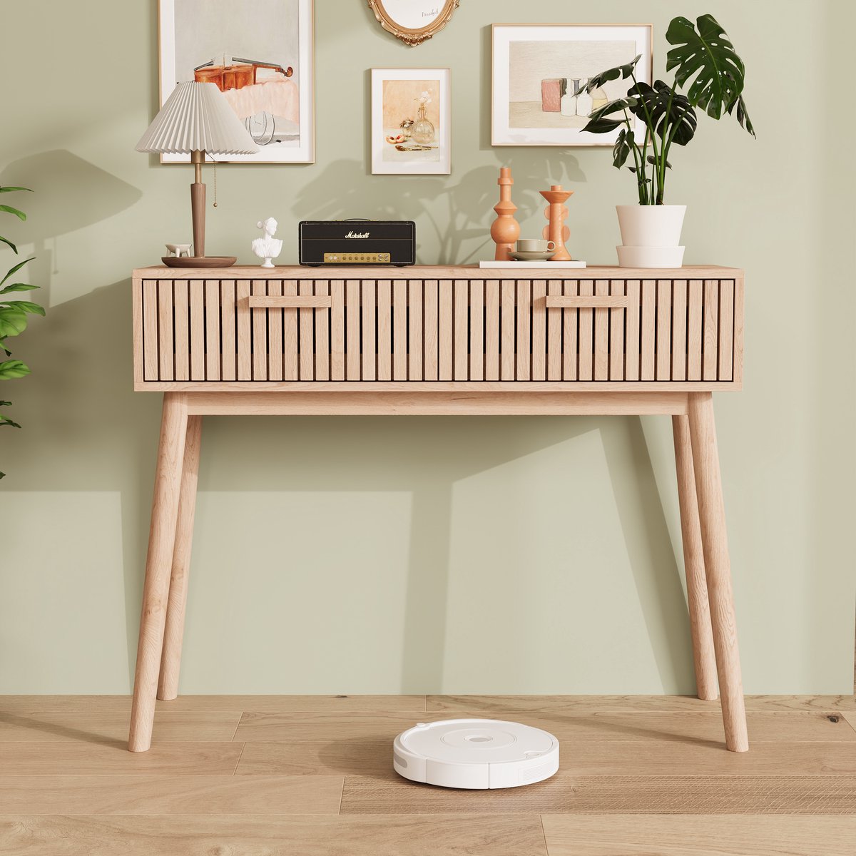 Consoletafel met 2 lades, haltafel, smalle ladekast met 2 lades, bijzettafel voor woonkamer, hal, dressoir, 100 x 35 x 80 cm, natuurlijke houten kleur