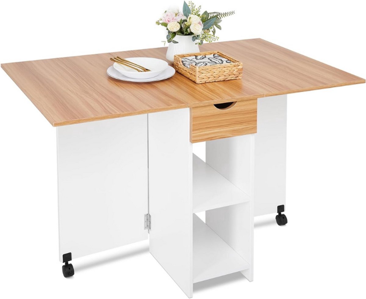 Thuys Inklapbare Eettafel – Met Lade En 2 Planken – 72 x 120 x 75 cm – Wit Met Rood Eiken