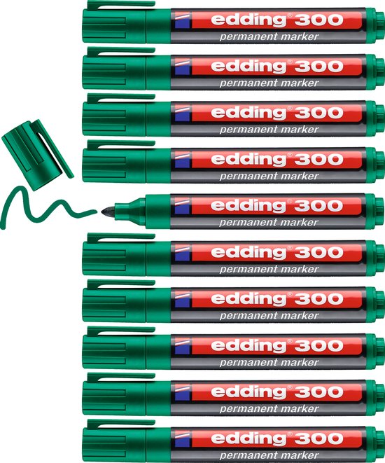 Tien groene edding 300 permanente markers op zwarte achtergrond.