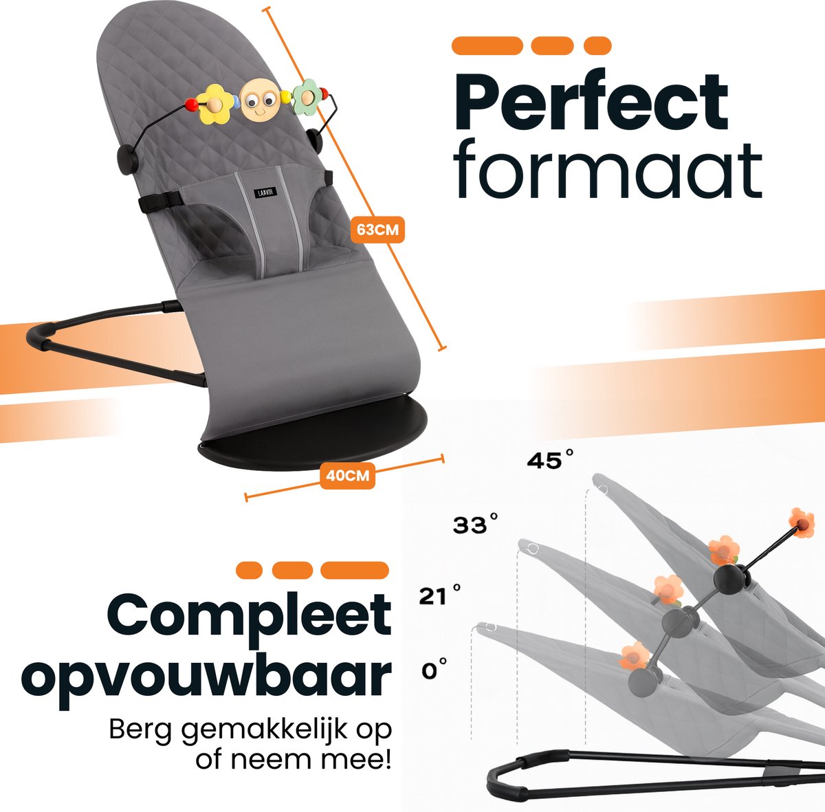Laavir® Baby Wipstoel - Inklapbaar & Draagbaar - Verstelbare Rugleuning - Speelboog & Veiligheidsgordel - Grijs – foto 8