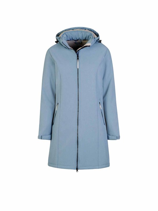 Dames lichtblauwe Bjørnson winterparka met capuchon, ritssluiting en steekzakken.