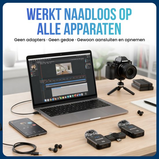Ordinateur portable avec logiciel de montage vidéo, appareil photo, téléphone et microphones