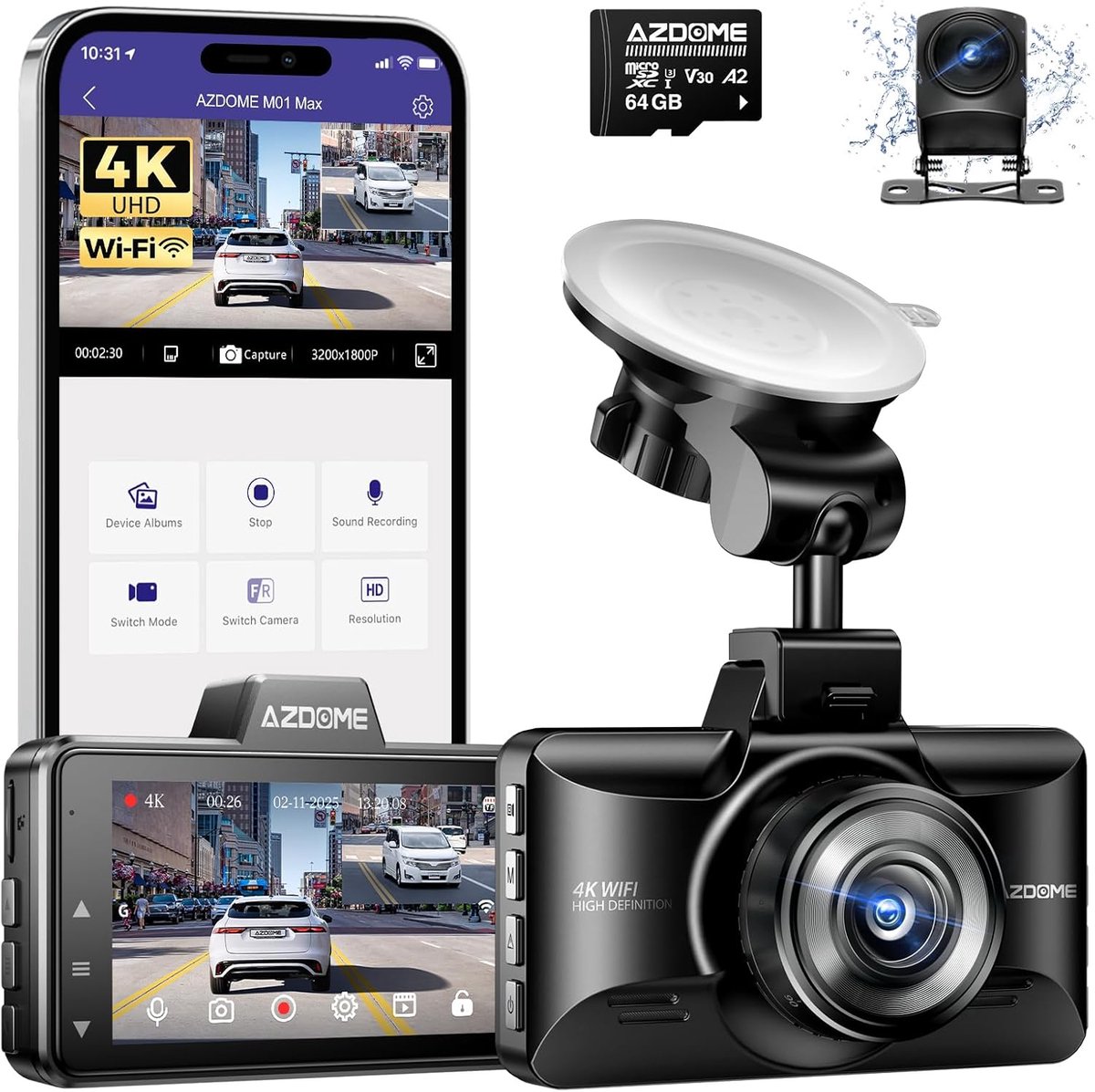 Dashcam 1080p FHD voor auto met 170° groothoek, G-sensor, parkeermonitor en bewegingsdetectie