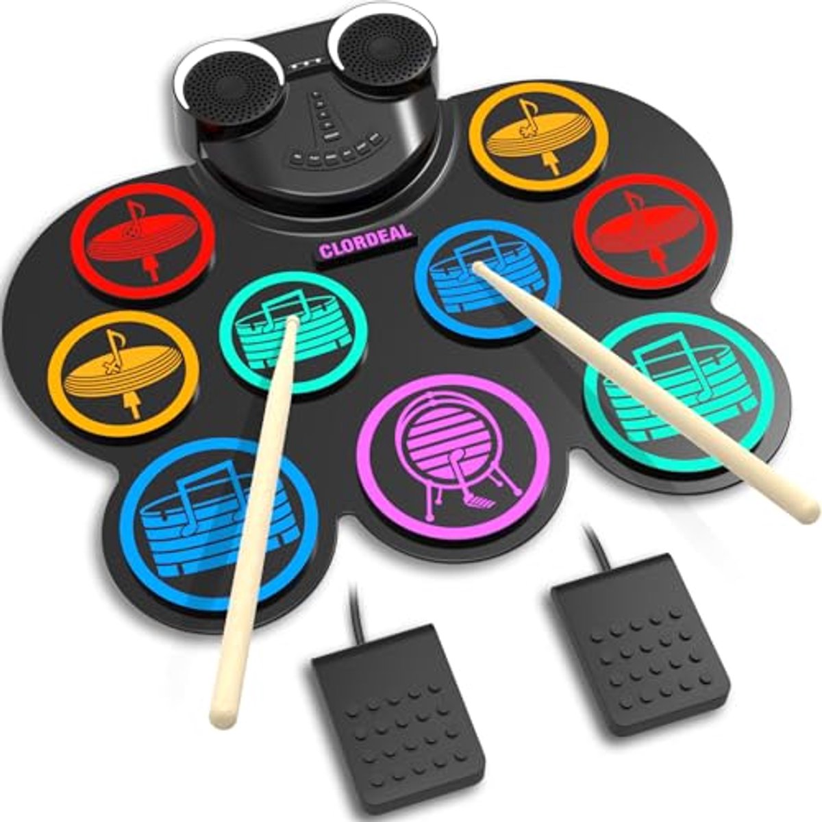 Elektronisch Drumstel met 9 Pads, Draagbaar E-Drumset met Luidsprekers en Bluetooth MIDI voor Beginners