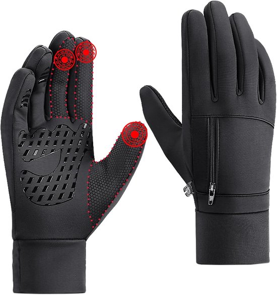 Zwarte handschoen met touch screen vingertoppen, anti-slip grip op de palm en een rits aan de zijkant.