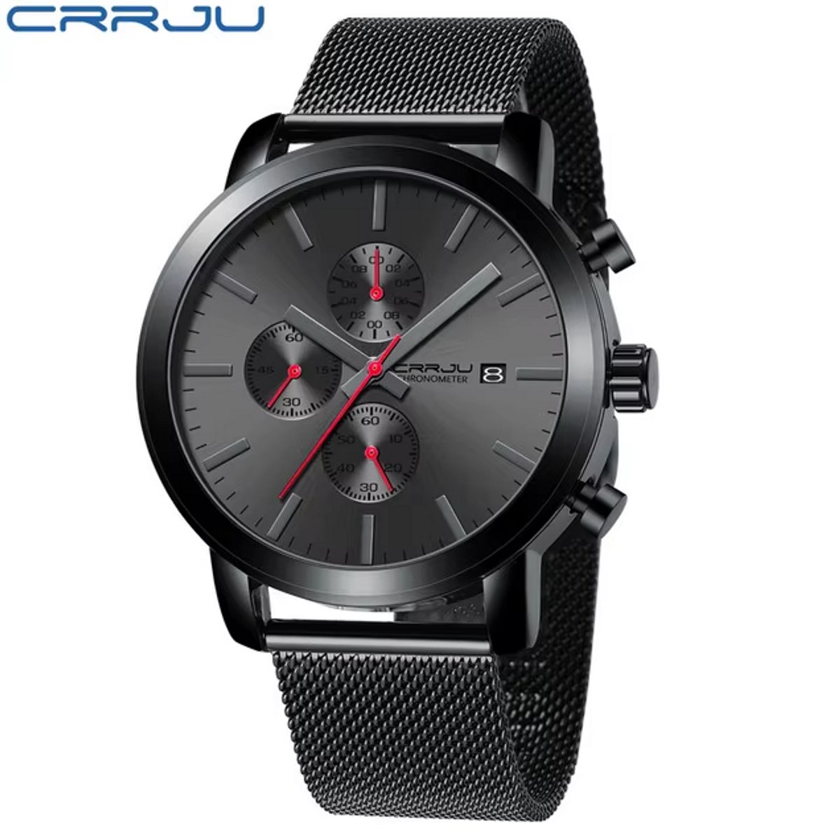 CRRJU Horloge 2287 - Zwart Rood - Heren - Quartz - 42 mm - Ronde Kast - Roestvrijstalen Band - Chronograaf - Dag - Datum - Waterbestendig - Sportief - Luxe - Business