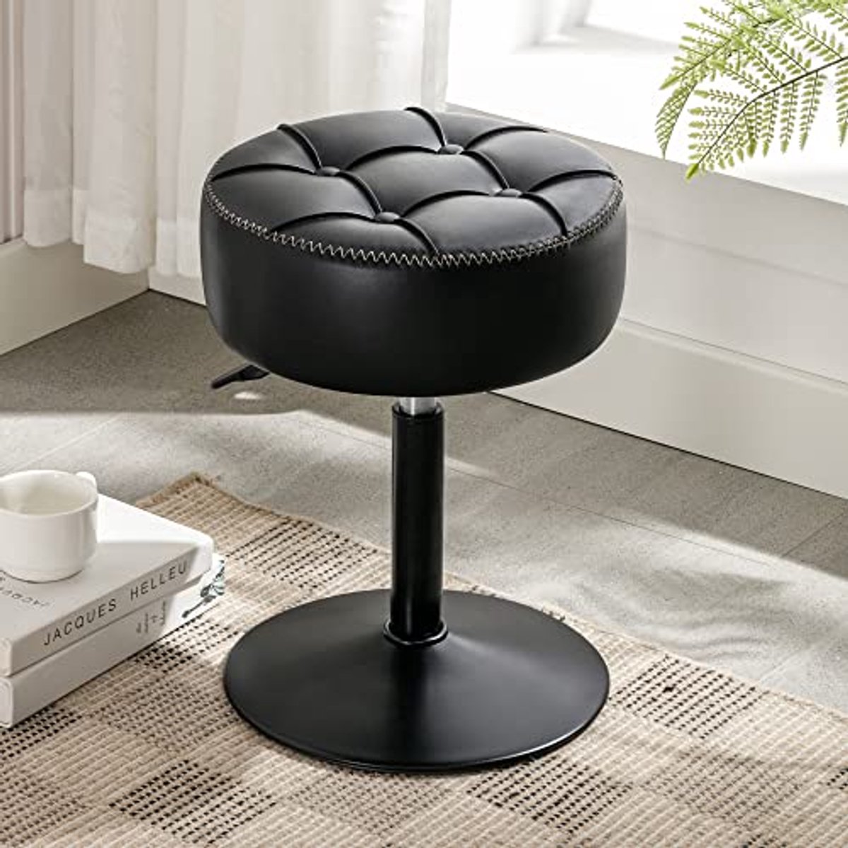 Verstelbare 360° draaibare make-up kruk met knoopverzieking - Zwart faux leather